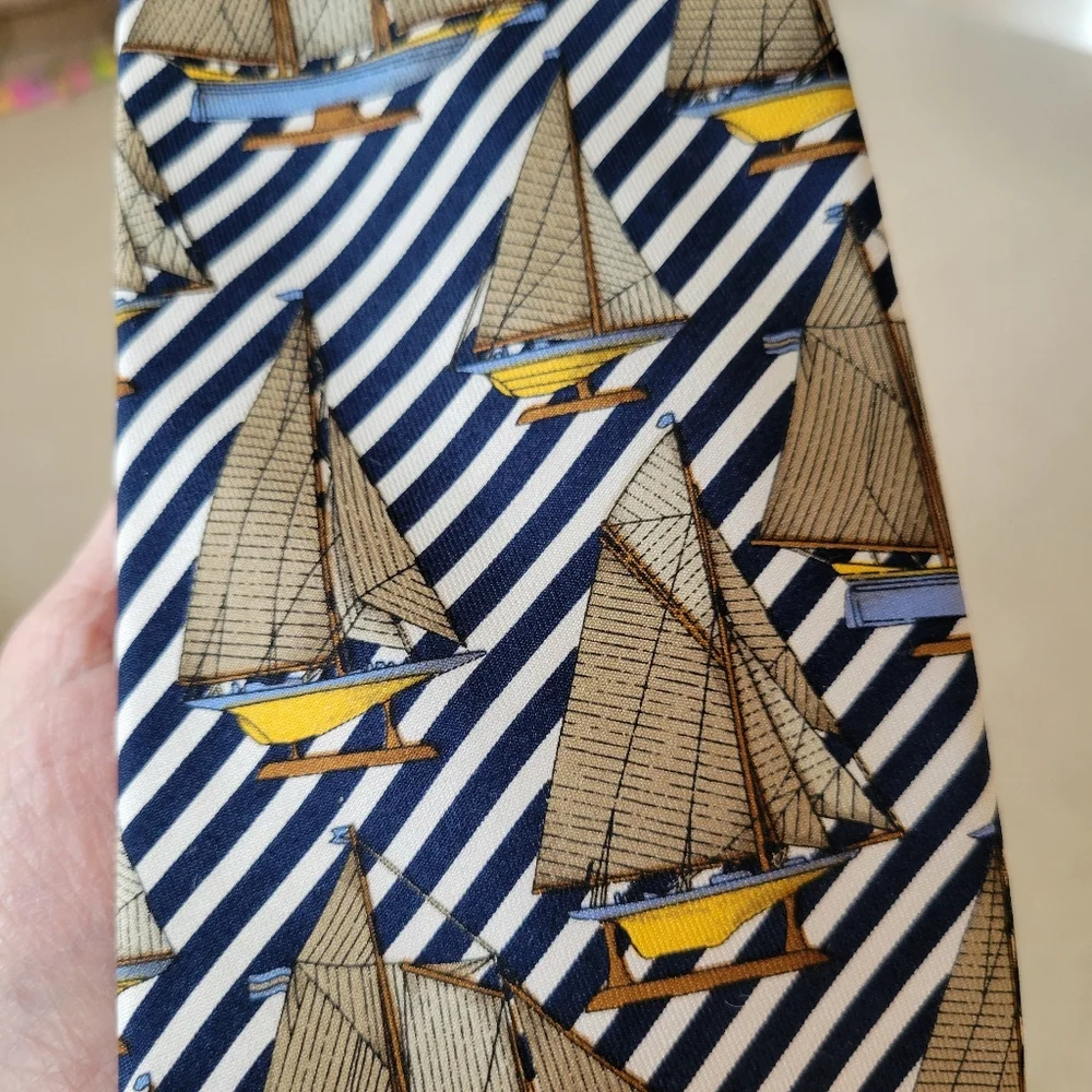 Lands' End Silk Necktie Hand Sewn Nautical Sailboats Coastal Preppy ~ GUC ~ 80s